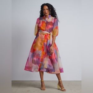 NWT New York & Company Watercolor Print Organza Maxi Shirt Dress